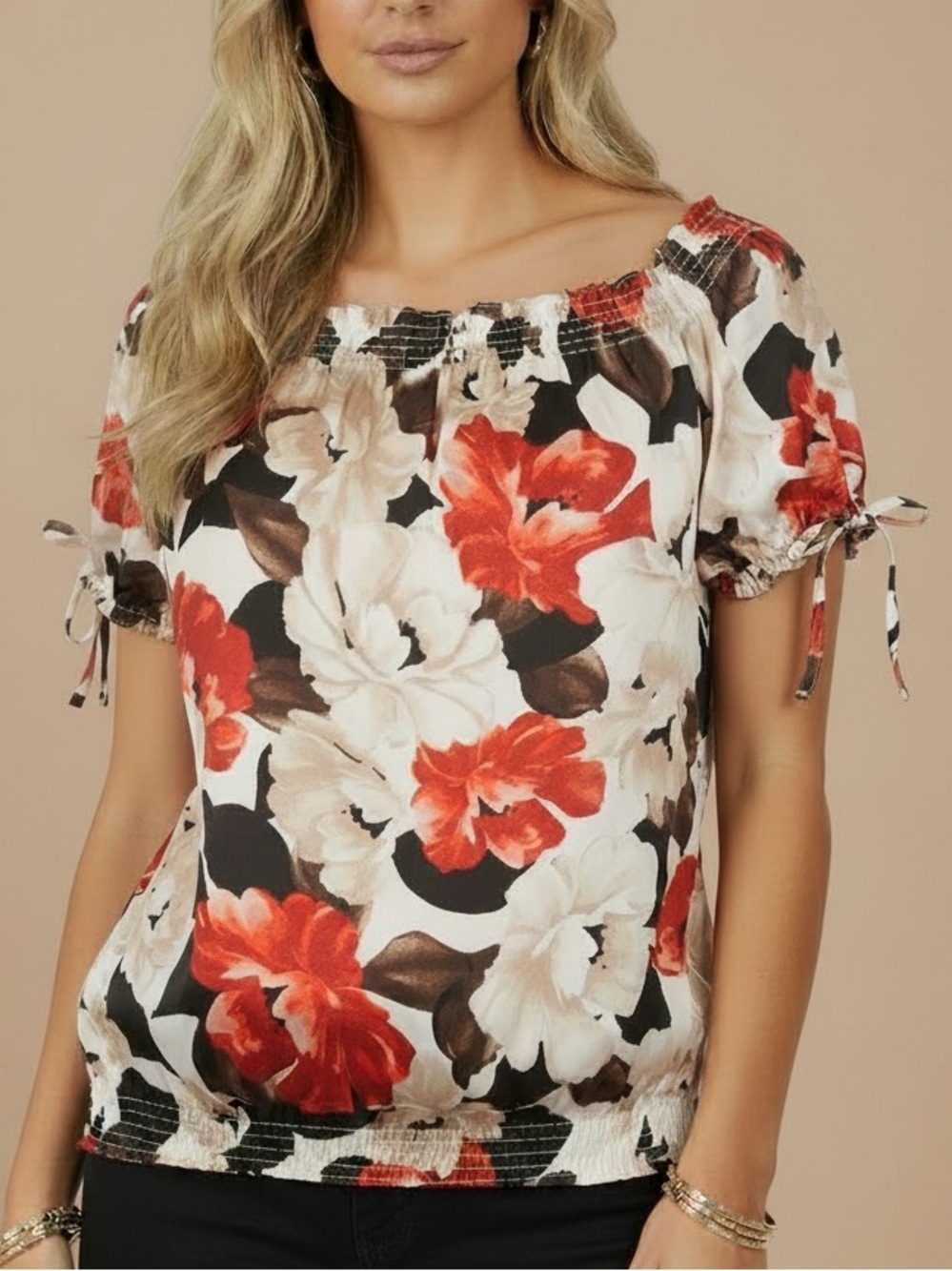 NWT WHITE HOUSE BLACK MARKET Floral Short Sleeve Smocked Hem Blouse Size Medium
